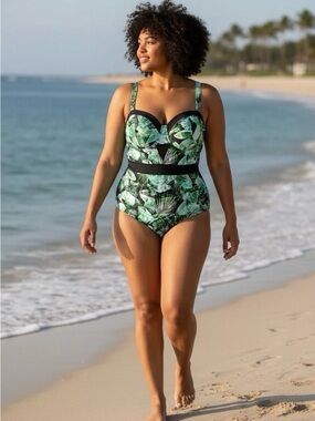 NWT Torrid Vixen Black and Green Palm Print One-Piece Swimsuit